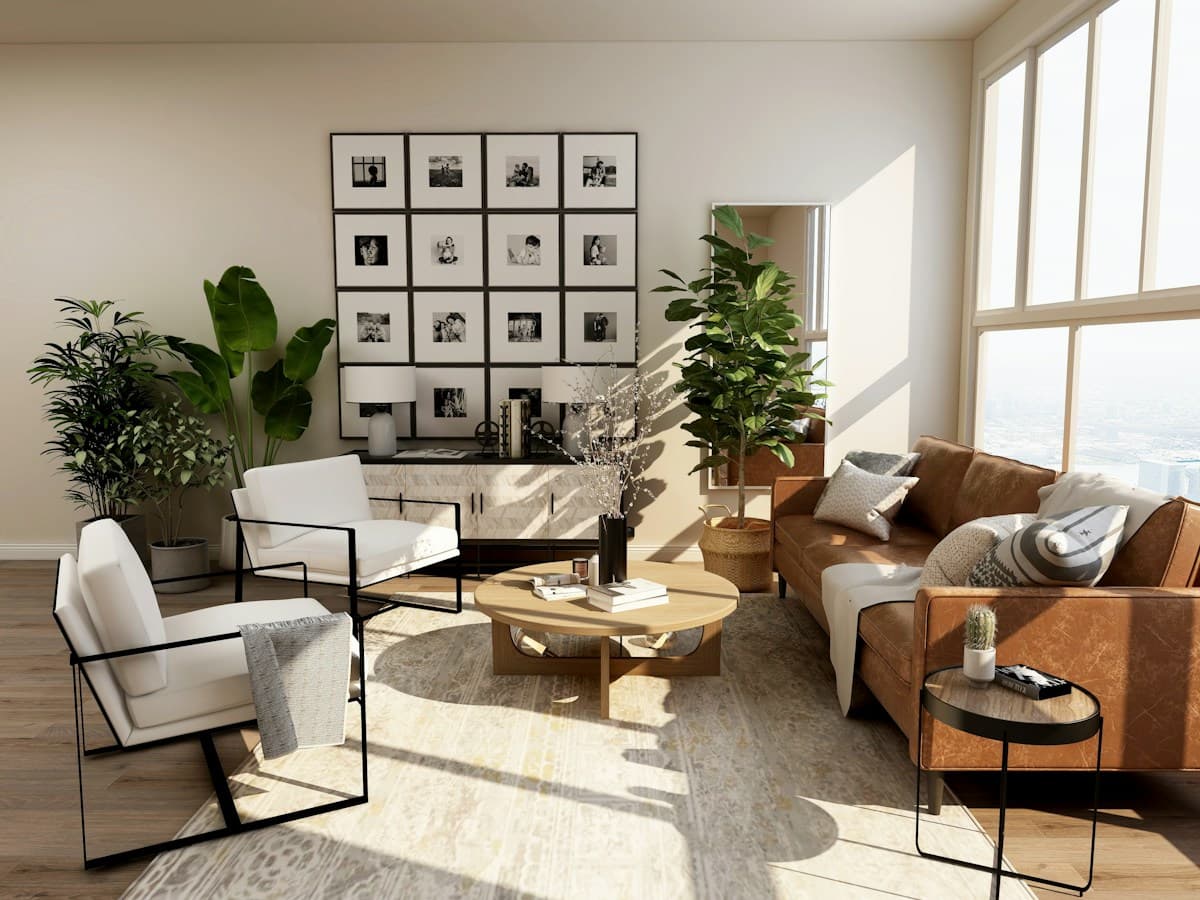 Warm architectural lounge with refined furniture and natural materials