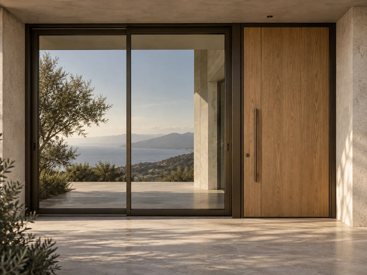 Villa entrance reference with timber door, full-height glazing and coastal views
