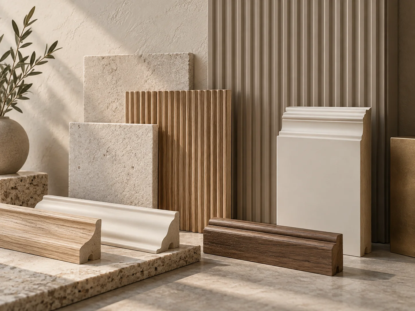 Coordinated wood, stone and decorative interior finish samples